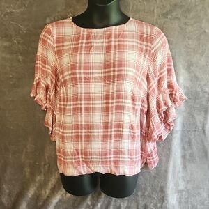 Chaps Pink Plaid Ruffle Sleeve Blouse. Size XXL